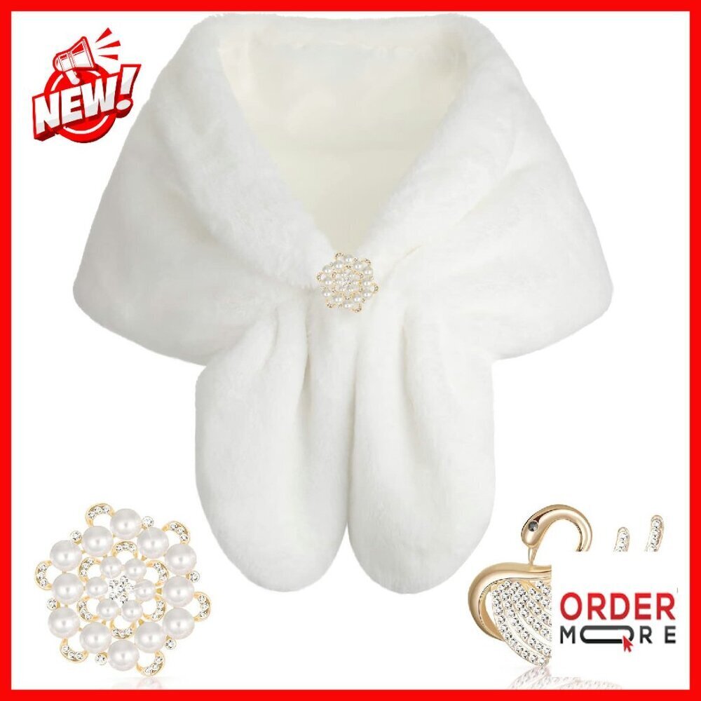 Faux Fur Shawl Wrap with Rhinestone Brooches for Winter Wedding